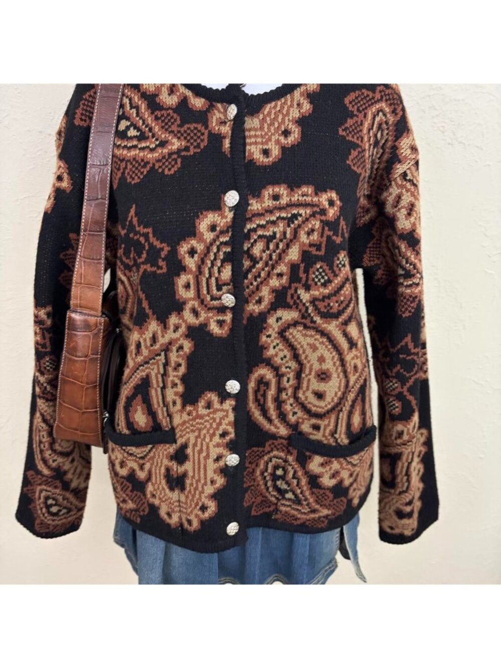 80s brown paisley whimsical quirky cottagecore whimsygoth cardigan - Picture 2 of 8